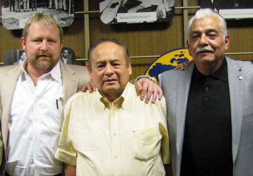 Peruvian Congressman and dockworker Luis Negreiros, center, with ILWU Coast Committeemen Leal Sundet and Ray Ortiz, Jr. 