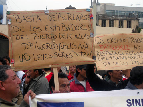 Though this BNA article is pro-privatization, Callao's longshore workers have protested DP world as "abusive," "disrespectful" and "making a mockery of our port laws."