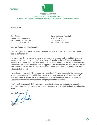 Letter from Gov. Jay Inslee to ILWU and Mitsui-United Grain