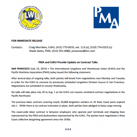 PMA and ILWU Provide Update on Contract Talks Longshore & Shipping News