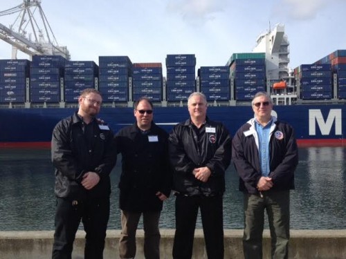 ILWU officers welcome CMA CGM Benjamin Franklin in Seattle
