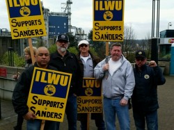 ILWU Local 8 supporting Bernie Sanders at a rally on March 25, 2016, the day after the ILWU International Executive Board voted to endorse Sanders for the nomination for U.S. President. Photo provided by Patrick McClain, ILWU Local 8 longshore worker.