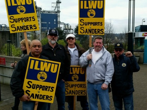 ILWU Local 8 supporting Bernie Sanders at a rally on March 25, 2016, the day after the ILWU International Executive Board voted to endorse Sanders for the nomination for U.S. President. Photo provided by Patrick McClain, ILWU Local 8 longshore worker.