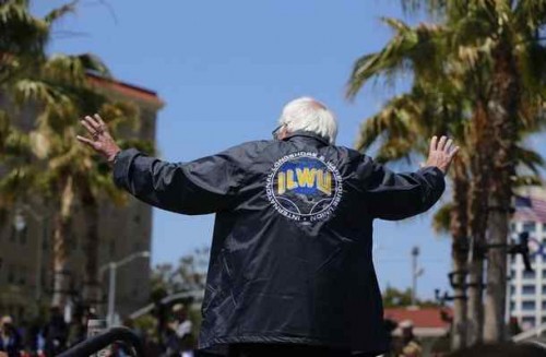 Sen. Bernie Sanders wearing ILWU jacket at rally in Southern California, May 2016