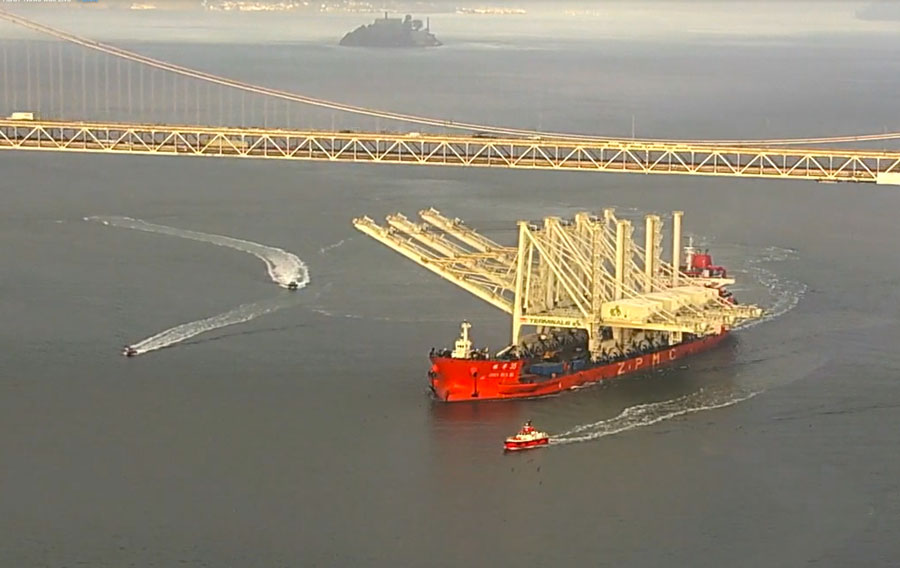 Massive cranes for Port of Oakland shipped into San Francisco Bay