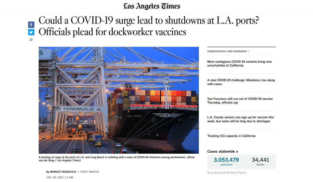 LA Times: Could a COVID-19 surge lead to shutdowns at L.A. ports? Officials plead for dockworker vaccines